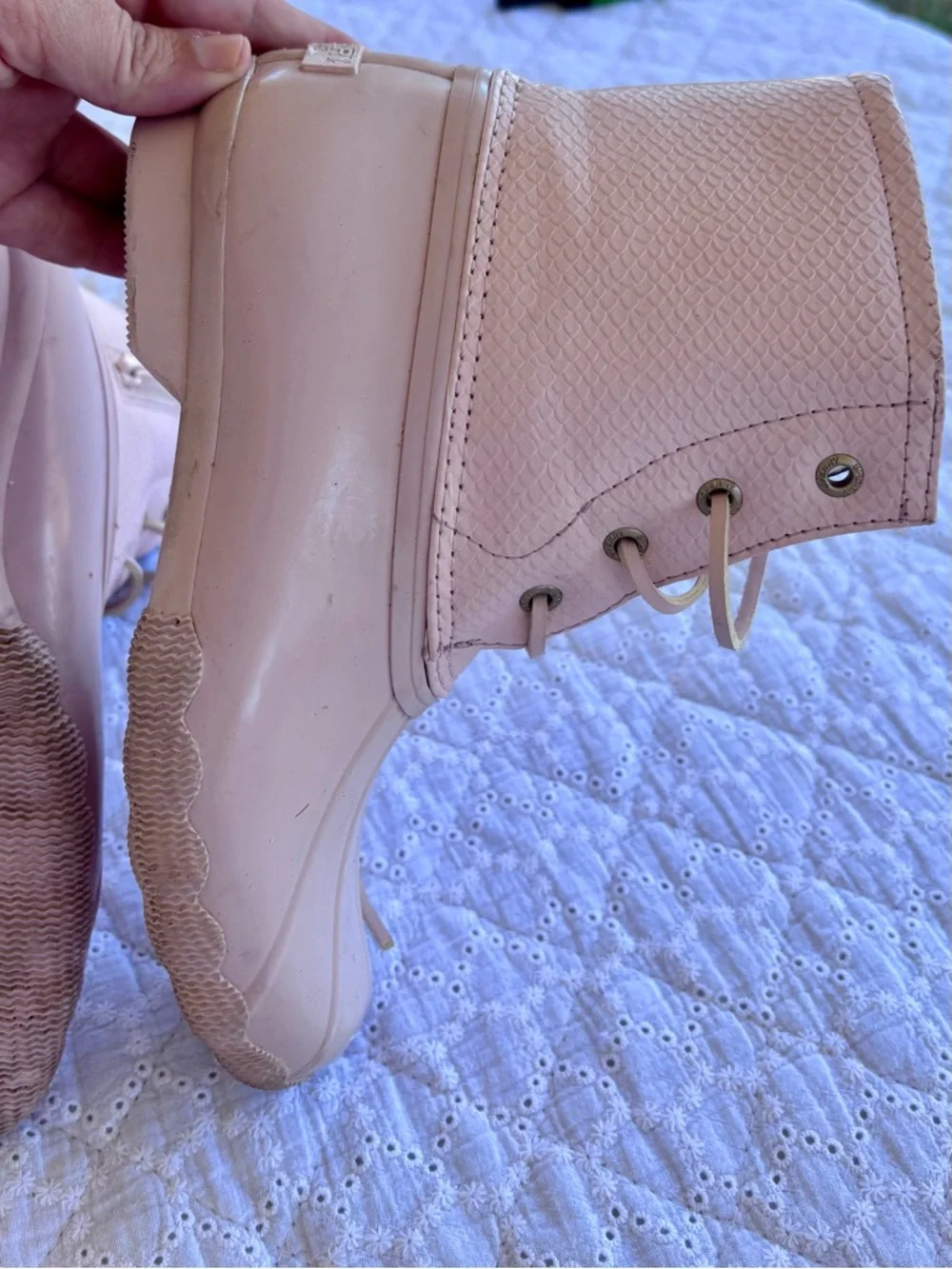 Sperry Duck Boots Girls Size 3 Pink Khaki Waterproof Lace Up Rain Boots